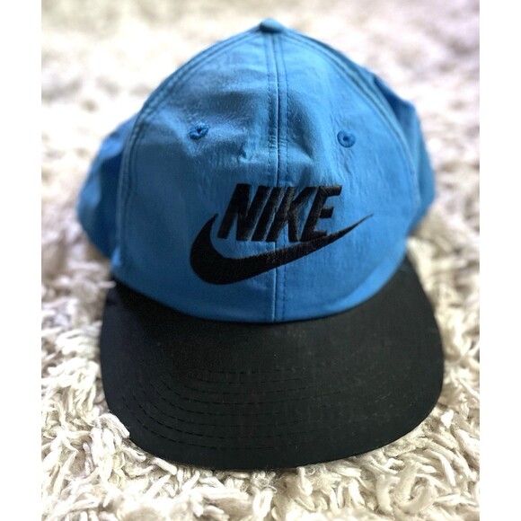 VTG Nike Hat Cap Mens Snapback Blue Black Nylon 90s Big Logo Streetwear Swoosh - Picture 1 of 10
